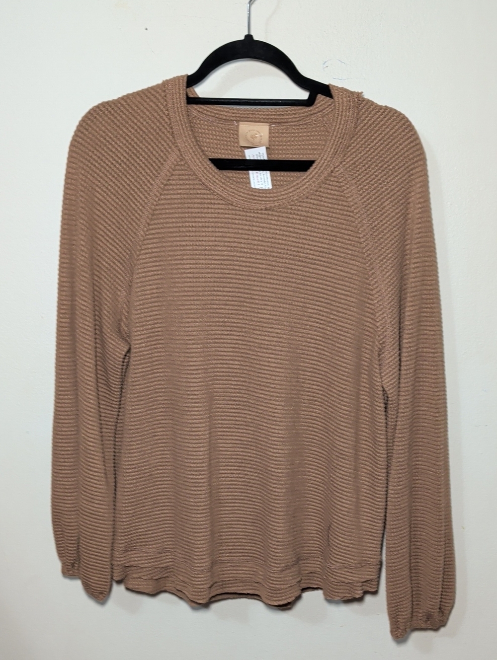 Scrap Work Boutique Crewneck Waffle Knit Long-Sleeve Top Tan NEW Women's Size L